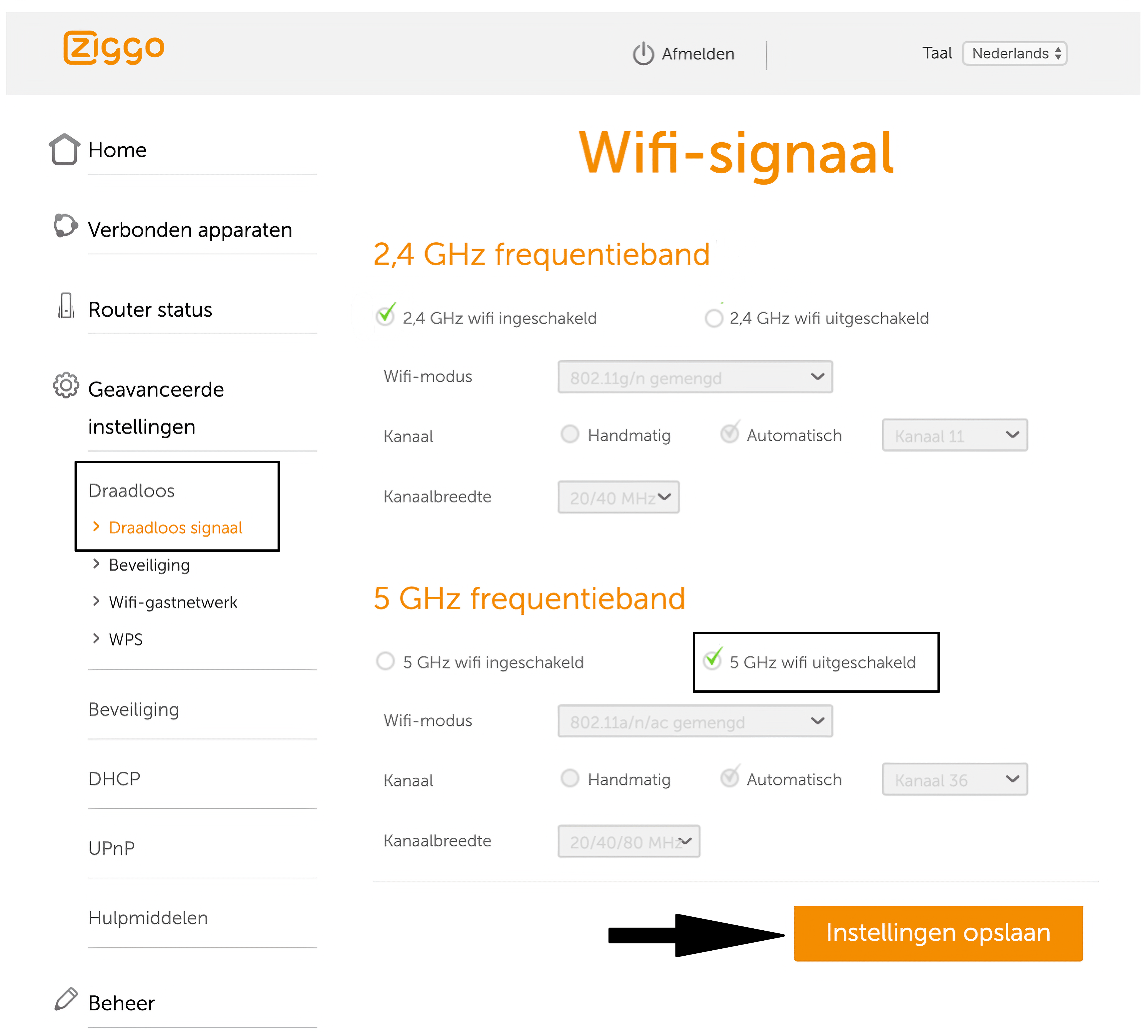 ziggo wifi 2 4 of 5 ghz